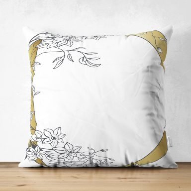 Beyaz Zemin Üzerinde Gold Detaylı Gül Motifli Dijital Baskılı Modern Süet Yastık Kırlent Kılıfı
