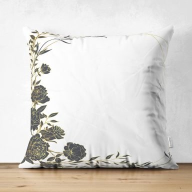 Beyaz Zemin Üzerinde Gold Detaylı Gül Motifli Dijital Baskılı Modern Süet Yastık Kırlent Kılıfı