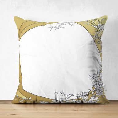 Gold Zemin Üzerinde Beyaz Gül Motifli Dijital Baskılı Modern Süet Yastık Kırlent Kılıfı