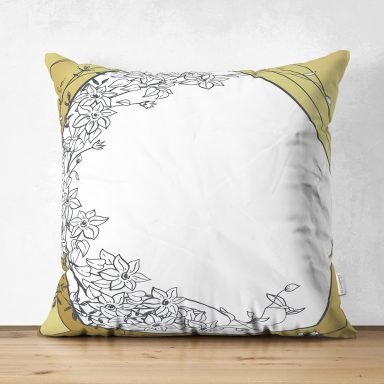 Gold Zemin Üzerinde Beyaz Gül Motifli Dijital Baskılı Modern Süet Yastık Kırlent Kılıfı