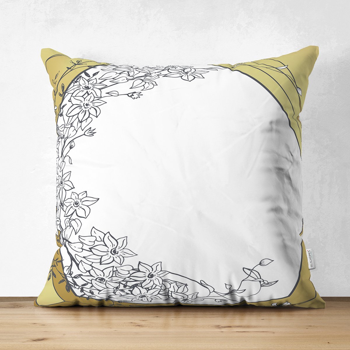 Suet-K7973-Gold-Zemin-Uzerinde-Beyaz-Gul-Motifli-Dijital-Baskili-Modern-Suet-Yastik-Kirlent-Kilifi