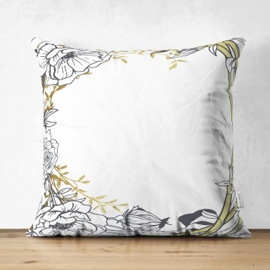 Beyaz Zemin Üzerinde Gold Detaylı Gül Motifli Dijital Baskılı Modern Süet Yastık Kırlent Kılıfı