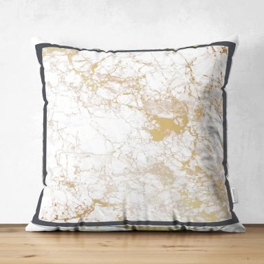 Beyaz Zemin Üzerinde Gold Detaylı Geometrik Desenli Dijital Baskılı Modern Süet Yastık Kırlent Kılıfı