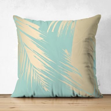 Pastel Zemin Üzerinde Gold Detaylı Yaprak Desenli Dijital Baskılı Modern Süet Yastık Kırlent Kılıfı