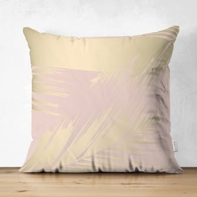 Pastel Zemin Üzerinde Gold Detaylı Yaprak Desenli Dijital Baskılı Modern Süet Yastık Kırlent Kılıfı