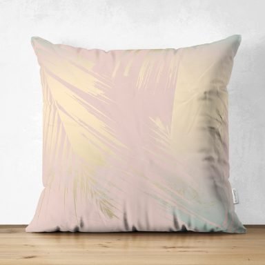 Pastel Zemin Üzerinde Gold Detaylı Yaprak Desenli Dijital Baskılı Modern Süet Yastık Kırlent Kılıfı