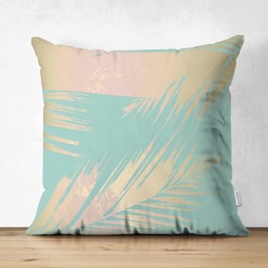 Pastel Zemin Üzerinde Gold Detaylı Yaprak Desenli Dijital Baskılı Modern Süet Yastık Kırlent Kılıfı