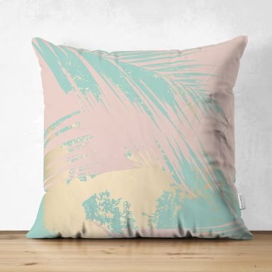 Pastel Zemin Üzerinde Gold Detaylı Yaprak Desenli Dijital Baskılı Modern Süet Yastık Kırlent Kılıfı