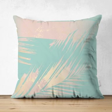 Pastel Zemin Üzerinde Gold Detaylı Yaprak Desenli Dijital Baskılı Modern Süet Yastık Kırlent Kılıfı