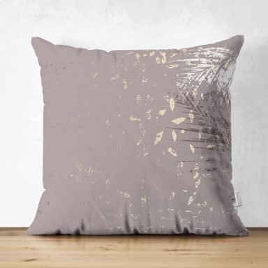 Pastel Zemin Üzerinde Gold Detaylı Yaprak Desenli Dijital Baskılı Modern Süet Yastık Kırlent Kılıfı