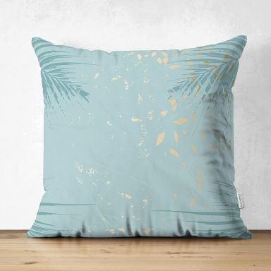 Pastel Zemin Üzerinde Yaprak Desenli Dijital Baskılı Modern Süet Yastık Kırlent Kılıfı