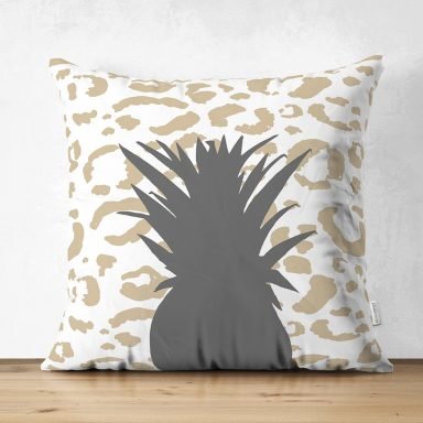 Beyaz Zemin Üzerinde Gold Detaylı Ananas Desenli Dijital Baskılı Modern Süet Yastık Kırlent Kılıfı