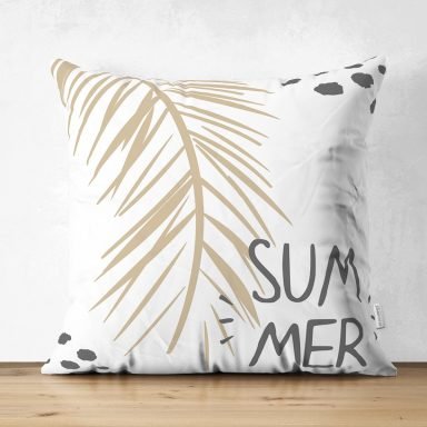 Beyaz Zemin Üzerinde Gold Detaylı Yaprak Desenli Dijital Baskılı Modern Süet Yastık Kırlent Kılıfı