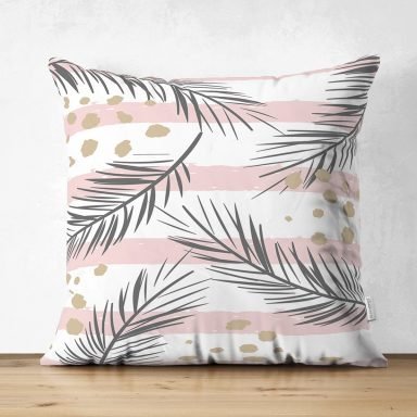 Beyaz Zemin Üzerinde Gold Detaylı Yaprak Desenli Dijital Baskılı Modern Süet Yastık Kırlent Kılıfı