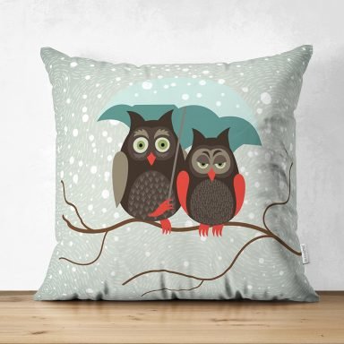 Sevimli Şemsiyeli Baykuş Figürlü Özel Tasarım Dijital Baskılı Modern Süet Yastık Kırlent Kılıfı