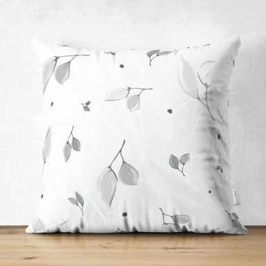 Pastel Zemin Üzerinde Beyaz Yaprak Desenli Dijital Baskılı Modern Süet Yastık Kırlent Kılıfı