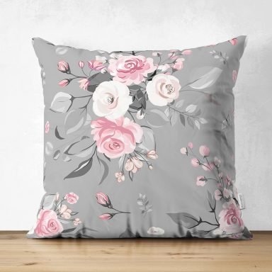 Renkli Zemin Üzerinde Flamingo Desenli Yaprak Motifli Dijital Baskılı Modern Süet Yastık Kırlent Kılıfı