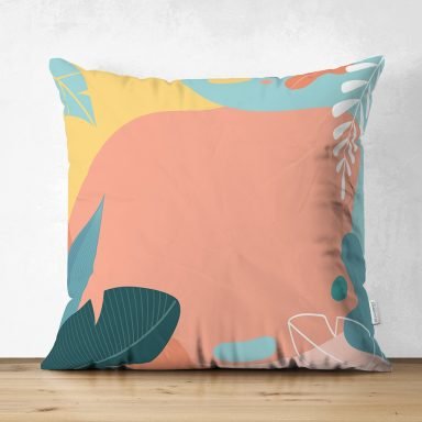 Renkli Zemin Üzerinde Pastel Yaprak Desenli Dijital Baskılı Modern Süet Yastık Kırlent Kılıfı