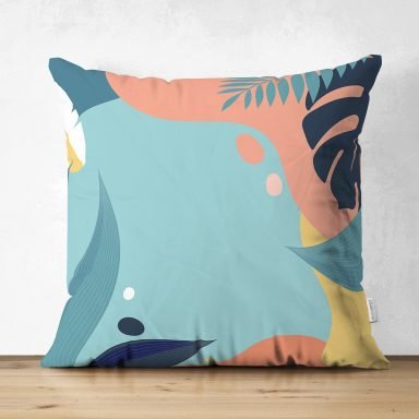 Renkli Zemin Üzerinde Pastel Yaprak Desenli Dijital Baskılı Modern Süet Yastık Kırlent Kılıfı