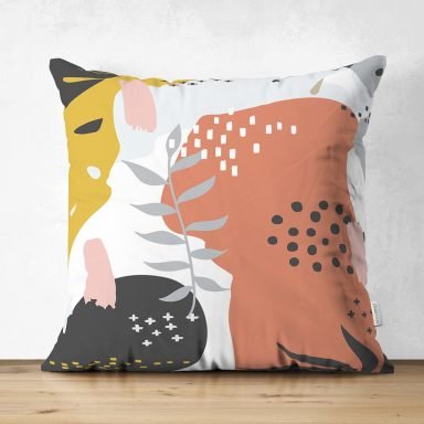 Beyaz Zemin Üzerinde Pastel Renkli Yaprak Desenli Dijital Baskılı Modern Süet Yastık Kırlent Kılıfı