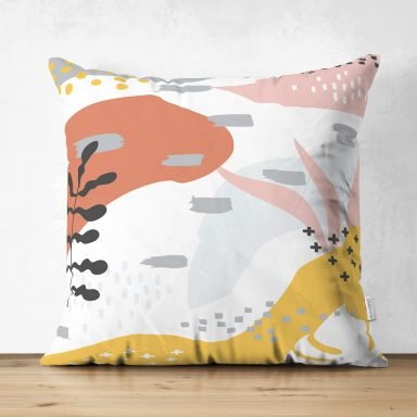 Beyaz Zemin Üzerinde Pastel Renkli Yaprak Desenli Dijital Baskılı Modern Süet Yastık Kırlent Kılıfı