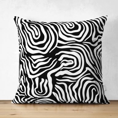 Siyah Zemin Üzerinde Beyaz Geometrik Desenli Dijital Baskılı Modern Süet Yastık Kırlent Kılıfı