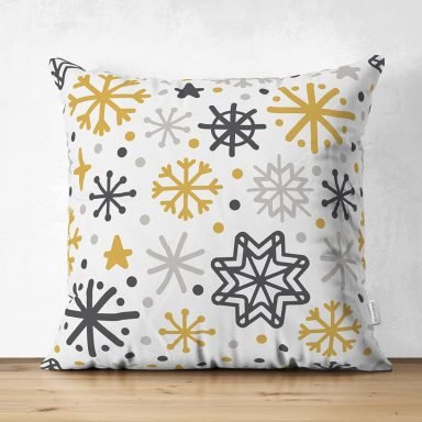 Beyaz Zemin Üzerinde Gold Detaylı Kar tanesi Desenli Dijital Baskılı Modern Süet Yastık Kırlent Kılıfı
