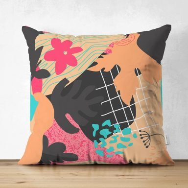 Renkli Zeminli Üzerinde Yaprak Desenli Dijital Baskılı Modern Süet Yastık Kırlent Kılıfı