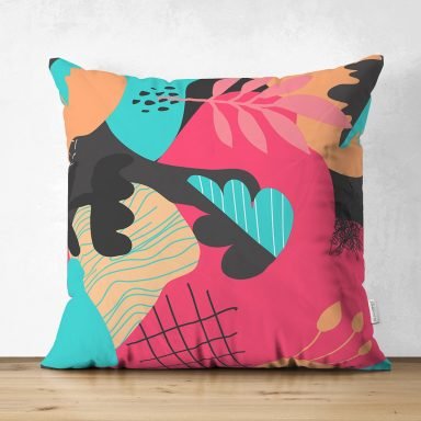 Renkli Zemin Üzerinde Geometrik Desenli Dijital Baskılı Modern Süet Yastık Kırlent Kılıfı