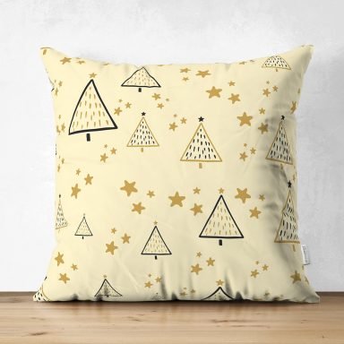 Renkli Zemin Üzerinde Çam Ağacı Desenli Dijital Baskılı Modern Süet Yastık Kırlent Kılıfı