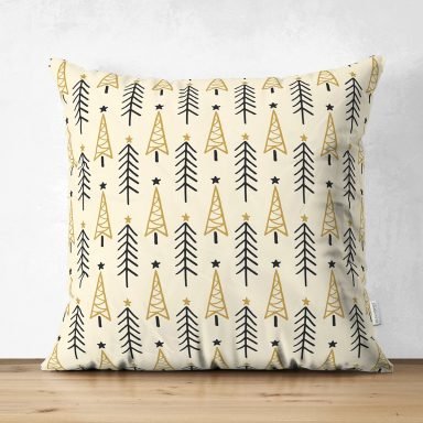Renkli Zemin Üzerinde Çam Ağacı Desenli Dijital Baskılı Modern Süet Yastık Kırlent Kılıfı