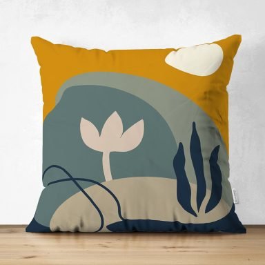 Renkli Zemin Üzerinde Yaprak Desenli Dijital Baskılı Modern Süet Yastık Kırlent Kılıfı