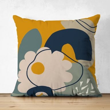 Renkli Zemin Üzerinde Yaprak Desenli Dijital Baskılı Modern Süet Yastık Kırlent Kılıfı