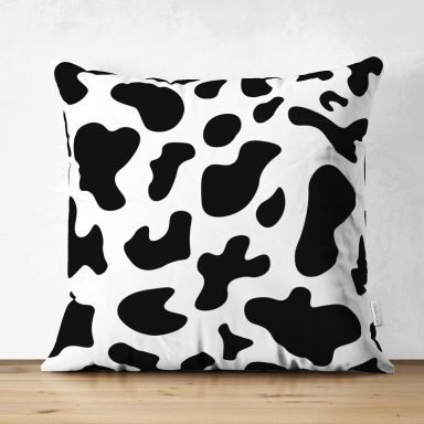 Beyaz Zemin Üzerinde Siyah Geometrik Desenli Dijital Baskılı Modern Süet Yastık Kırlent Kılıfı