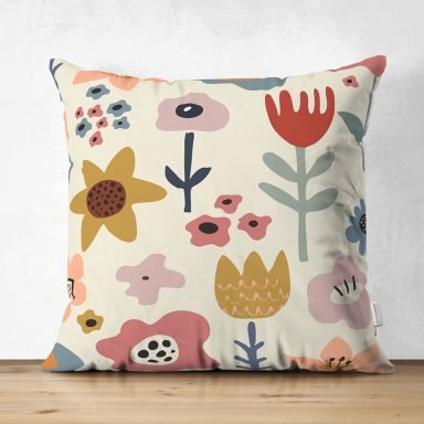 Pastel Zemin Üzerinde Çiçek Desenli Dijital Baskılı Modern Süet Yastık Kırlent Kılıfı