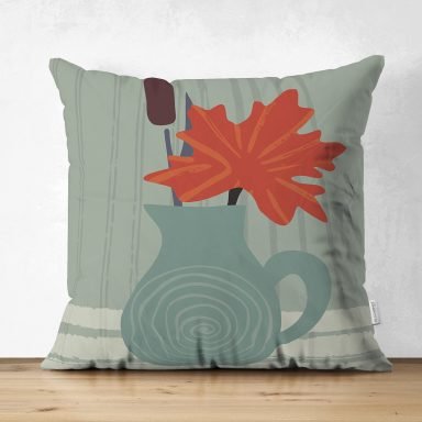 Pastel Zemin Üzerinde Vazo Desenli Dijital Baskılı Modern Süet Yastık Kırlent Kılıfı