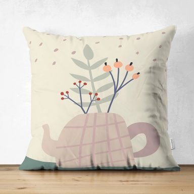 Pastel Zemin Üzerinde Yaprak Desenli Dijital Baskılı Modern Süet Yastık Kırlent Kılıfı