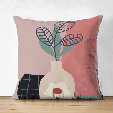 Pastel Zemin Üzerinde Yaprak Desenli Dijital Baskılı Modern Süet Yastık Kırlent Kılıfı