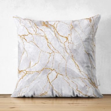 Renkli Zemin Üzerinde Gold Detaylı Mermer Desenli Dijital Baskılı Modern Süet Yastık Kırlent Kılıfı