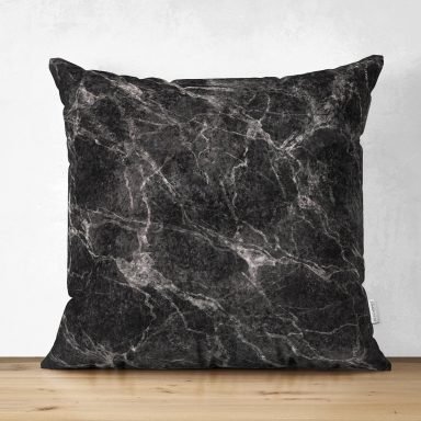 Siyah Zemin Üzerinde Mermer Desenli Dijital Baskılı Modern Süet Yastık Kırlent Kılıfı