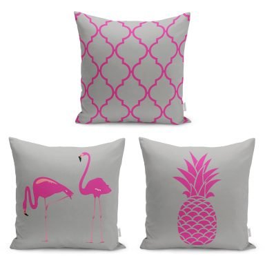 3'lü Fuşya Ogea & Flamingo & Ananas Motifli Yastık Kırlent Kılıf Seti