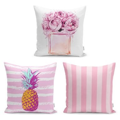 3'lü Pembe Çizgili Ananas Motifli Modern Yastık Kırlent Kılıf Seti
