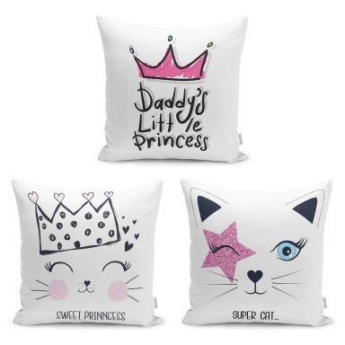 3'lü Kedi Silüetli Princess Temalı Yastık Kırlent Kılıf Seti