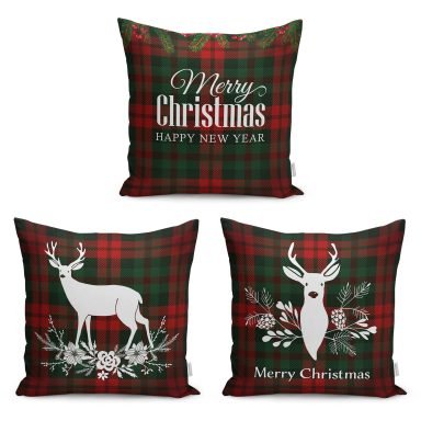 3'lü Ekose Zemin Mery Christmas Tasarımlı Modern Yastık Kırlent Kılıf Seti