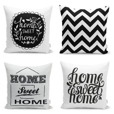 4'lü Siyah Beyaz Home Sweet Home Dekoratif Yastık Kırlent Kılıf Seti
