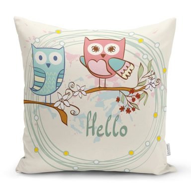 Baykuş Desenli Dijital Baskılı Dekoratif Yastık Kırlent Kılıfı