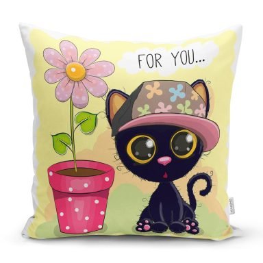 Sevimli Kediler Dijital Baskılı Dekoratif Yastık Kırlent Kılıfı
