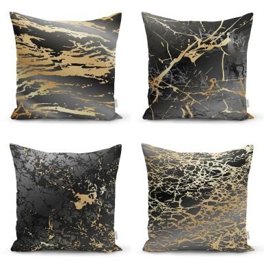 4'lü Renkli Zemin Üzerinde Gold Detaylı Mermer Desenli Modern Yastık Kırlent Kılıf Seti