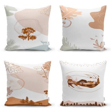 4'lü Beyaz Zemin Üzerinde Onedraw Çizimli Ağaç Desenli Modern Yastık Kırlent Kılıf Seti