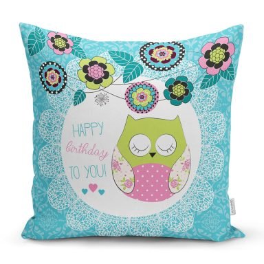 Baykuş Desenli Dijital Baskılı Dekoratif Yastık Kırlent Kılıfı